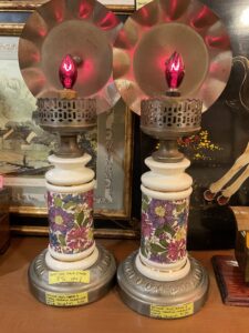 matching pair of ceramic and brass hurricane candle lamps